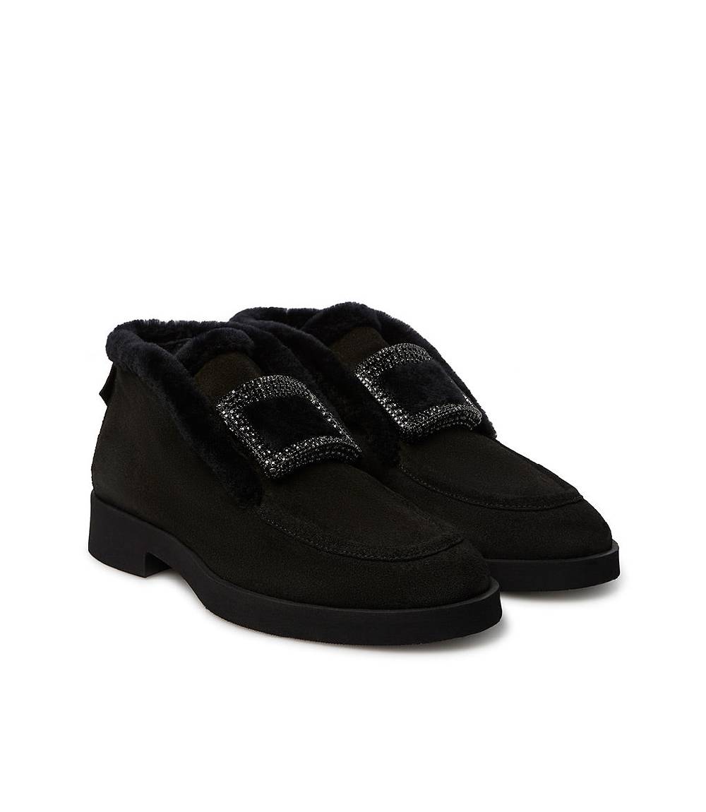 Loriblu Mocassini in camoscio e shearling nero con fibbia-gioiello Spedizione Gratuita