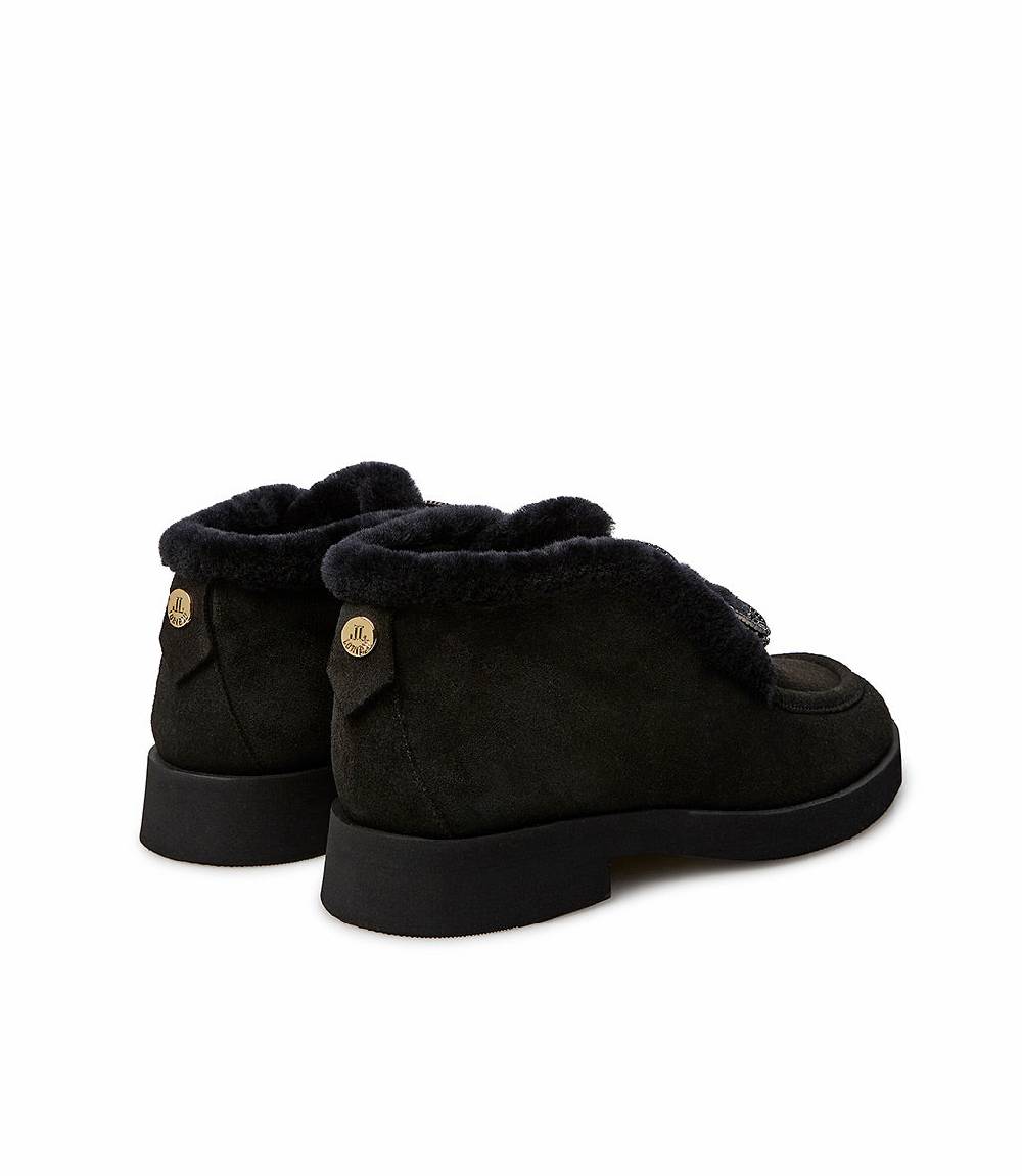 Loriblu Mocassini in camoscio e shearling nero con fibbia-gioiello Spedizione Gratuita