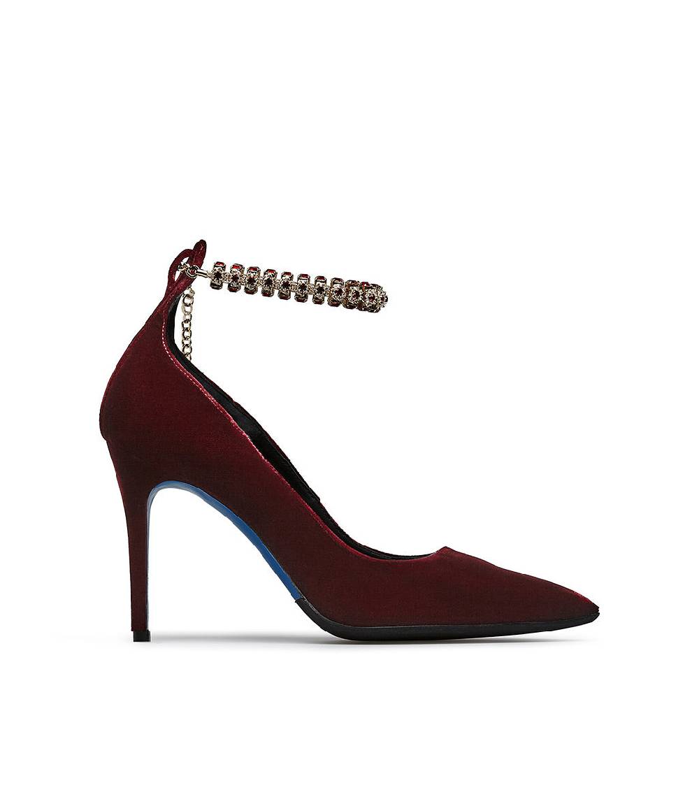 Loriblu Décolleté in velluto rosso rubino con cinturino gioiello