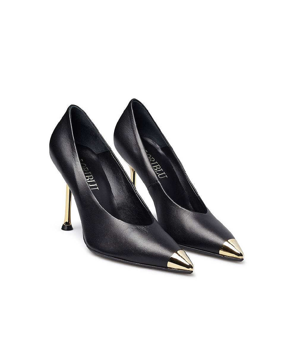 Loriblu Décolleté in nappa nera con tacco e punta in metallo oro Vendite Flash