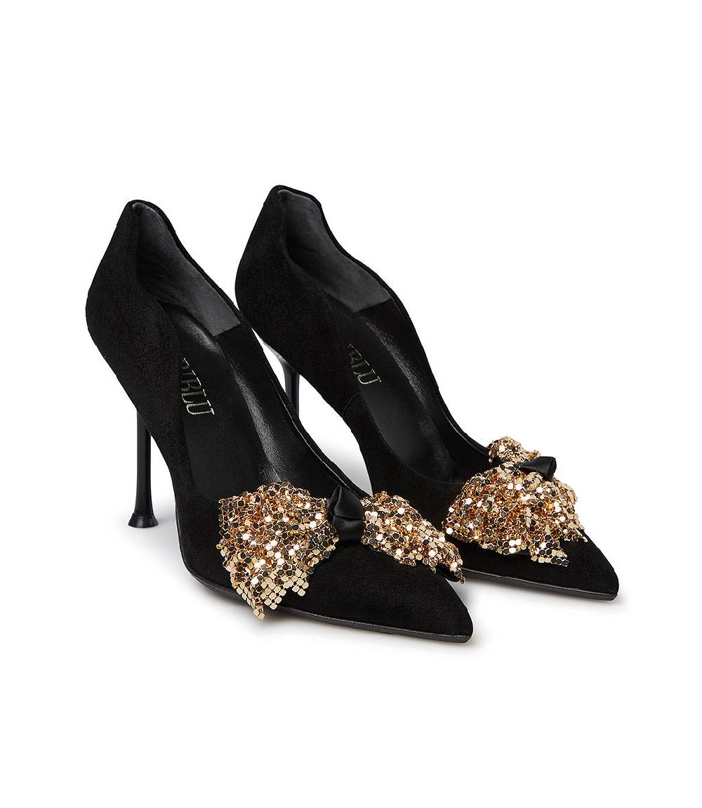 Loriblu Décolleté onda in camoscio nero con fiocco full metal oro Negozio