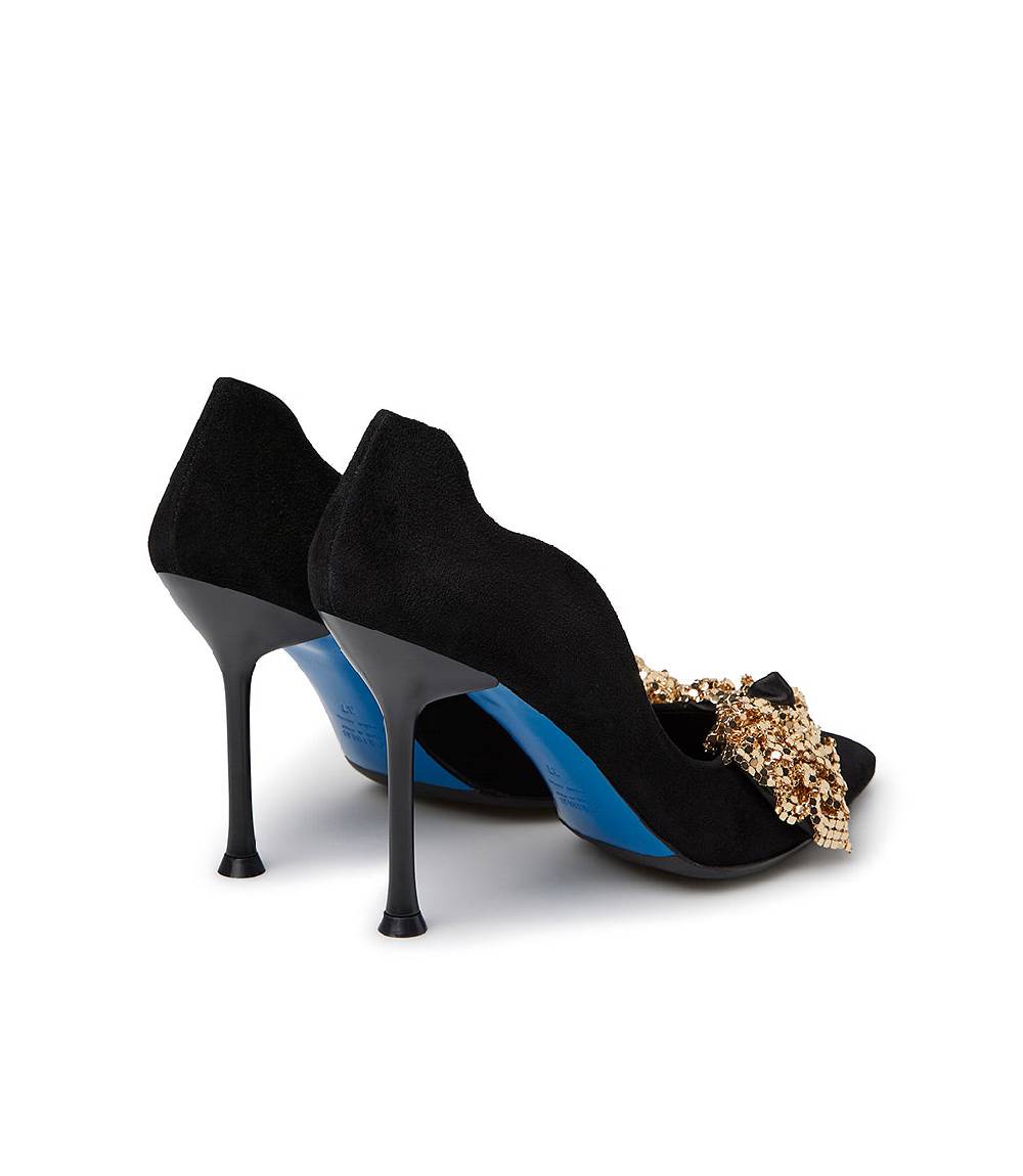 Loriblu Décolleté onda in camoscio nero con fiocco full metal oro Negozio