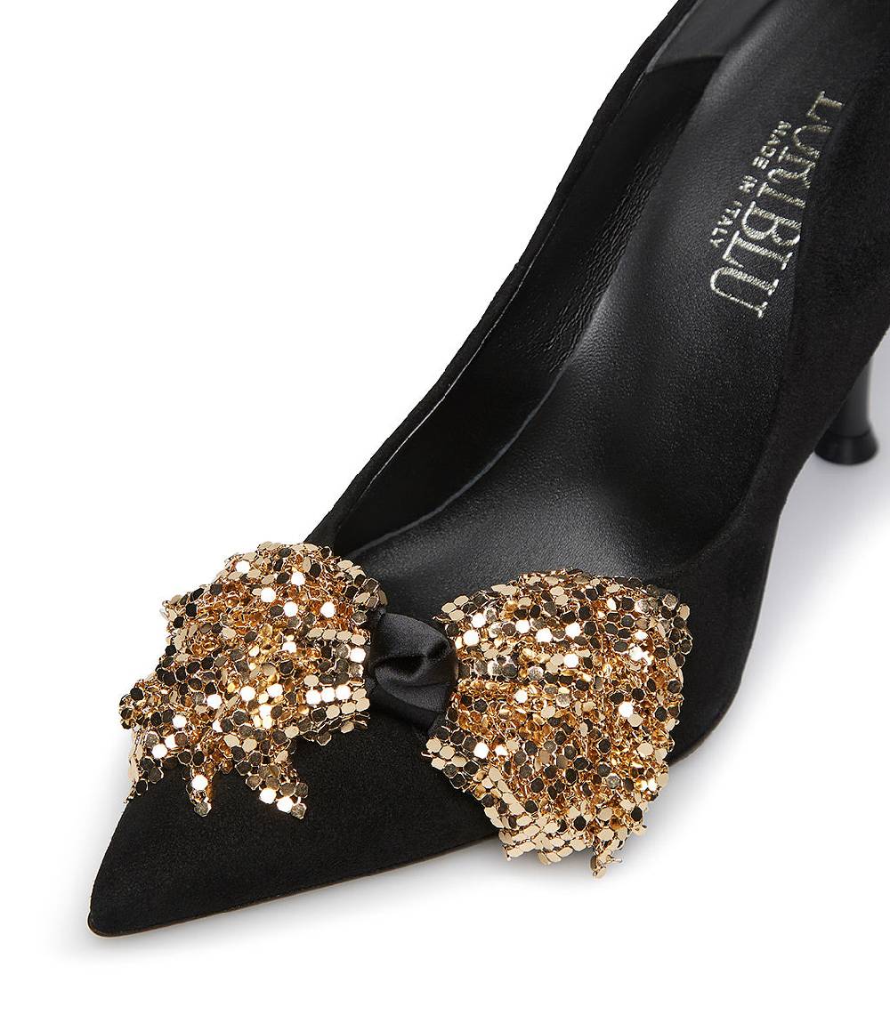 Loriblu Décolleté onda in camoscio nero con fiocco full metal oro Negozio