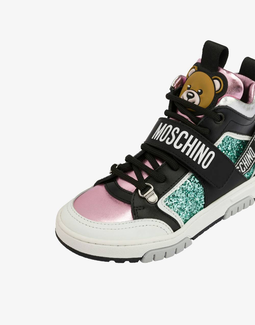 Love Moschino Sneakers alte in vitello e glitter Teddy Patch Moda