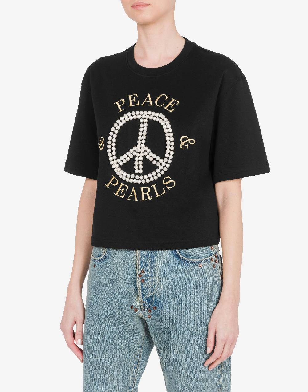 Love Moschino T-shirt in interlock di cotone Peace & Pearls Novità