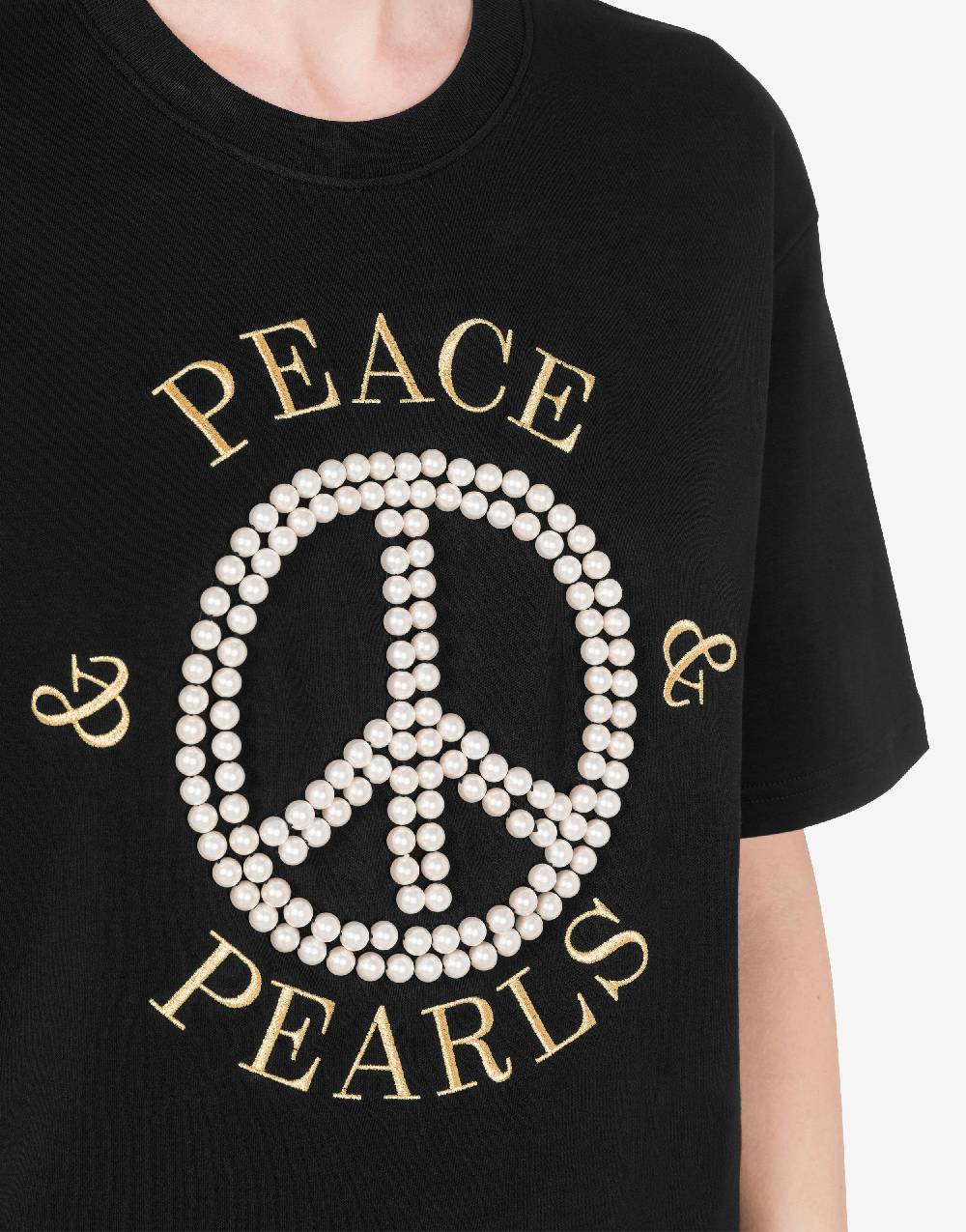 Love Moschino T-shirt in interlock di cotone Peace & Pearls Novità