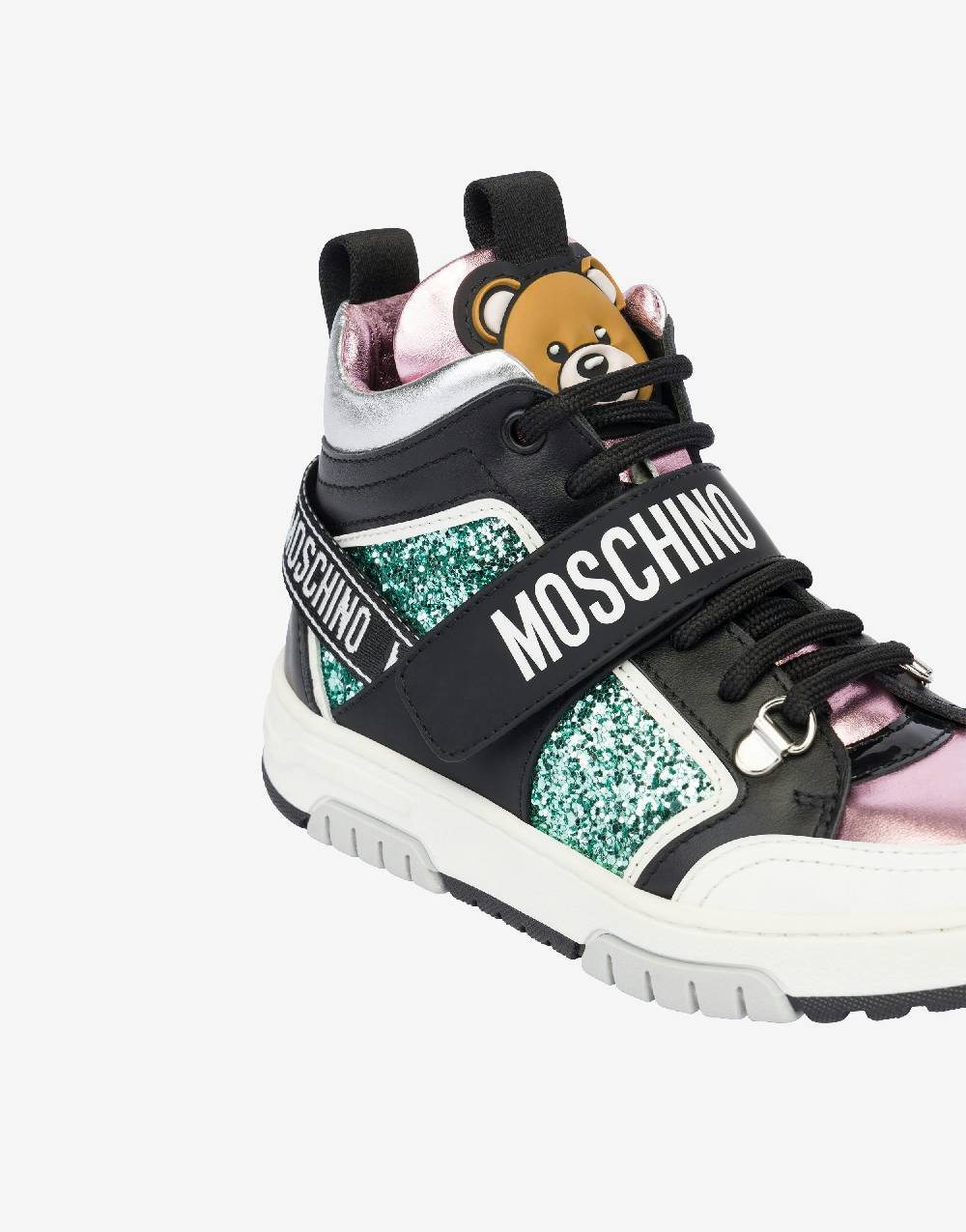 Love Moschino Sneakers alte in glitter e vitello Teddy Patch Offerta Giorno del Papà