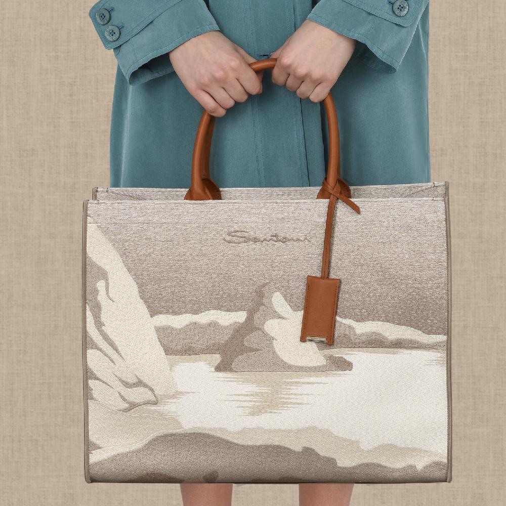 Santoni Shopping bag in tessuto beige Offerta