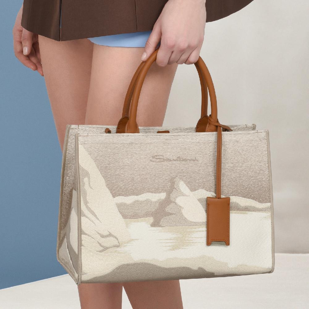 Santoni Borsa tote media in tessuto beige Economico