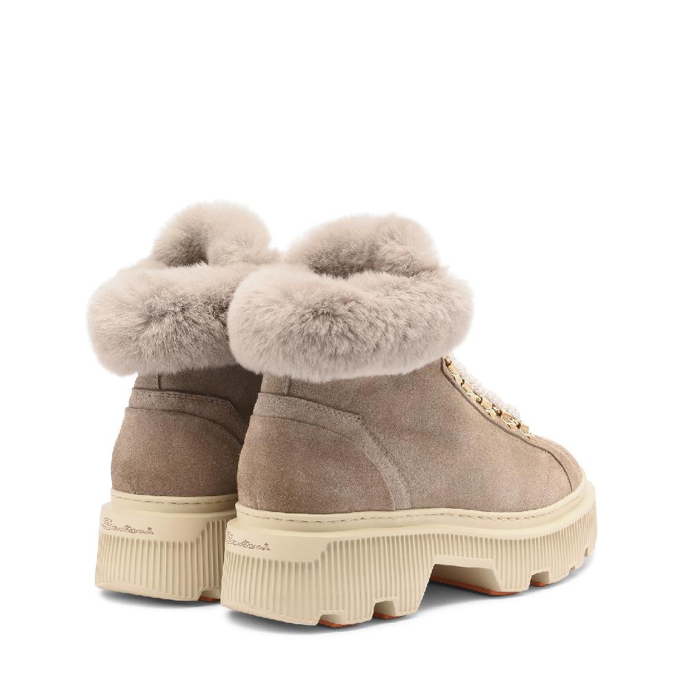 Santoni Scarponcino da montagna con pelliccia da donna in suede tortora In Vendita
