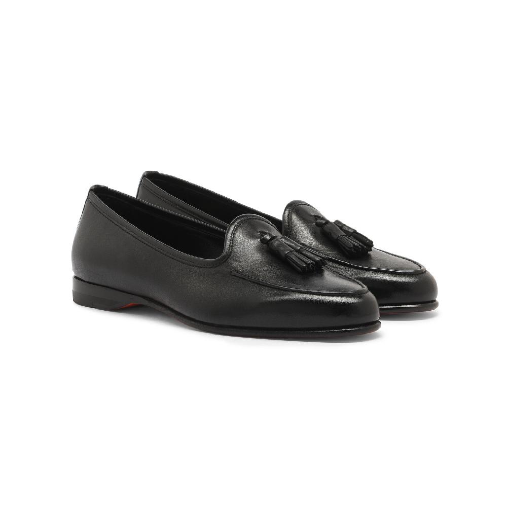Santoni Mocassino Andrea con nappe da donna in pelle nera Pezzi Unici