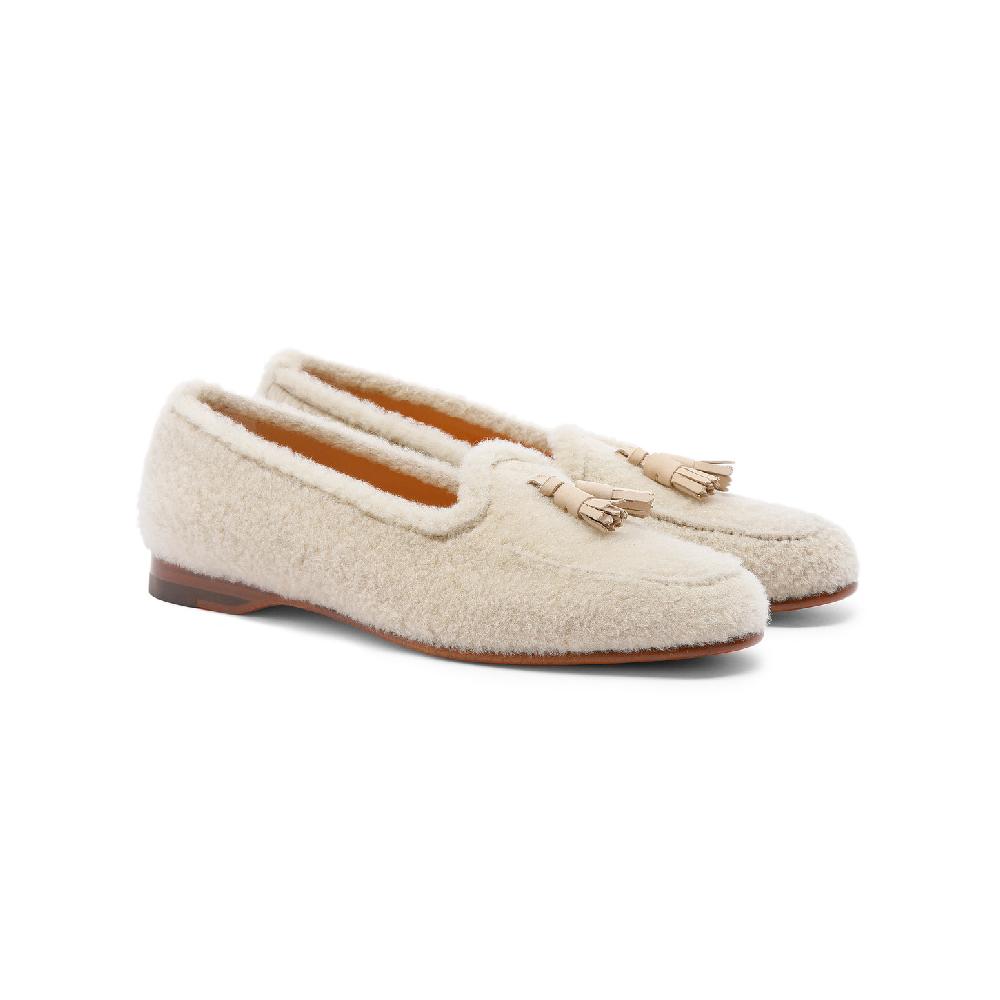 Santoni Mocassino Andrea con nappe da donna in pelliccia beige Saldi Di Fabbrica