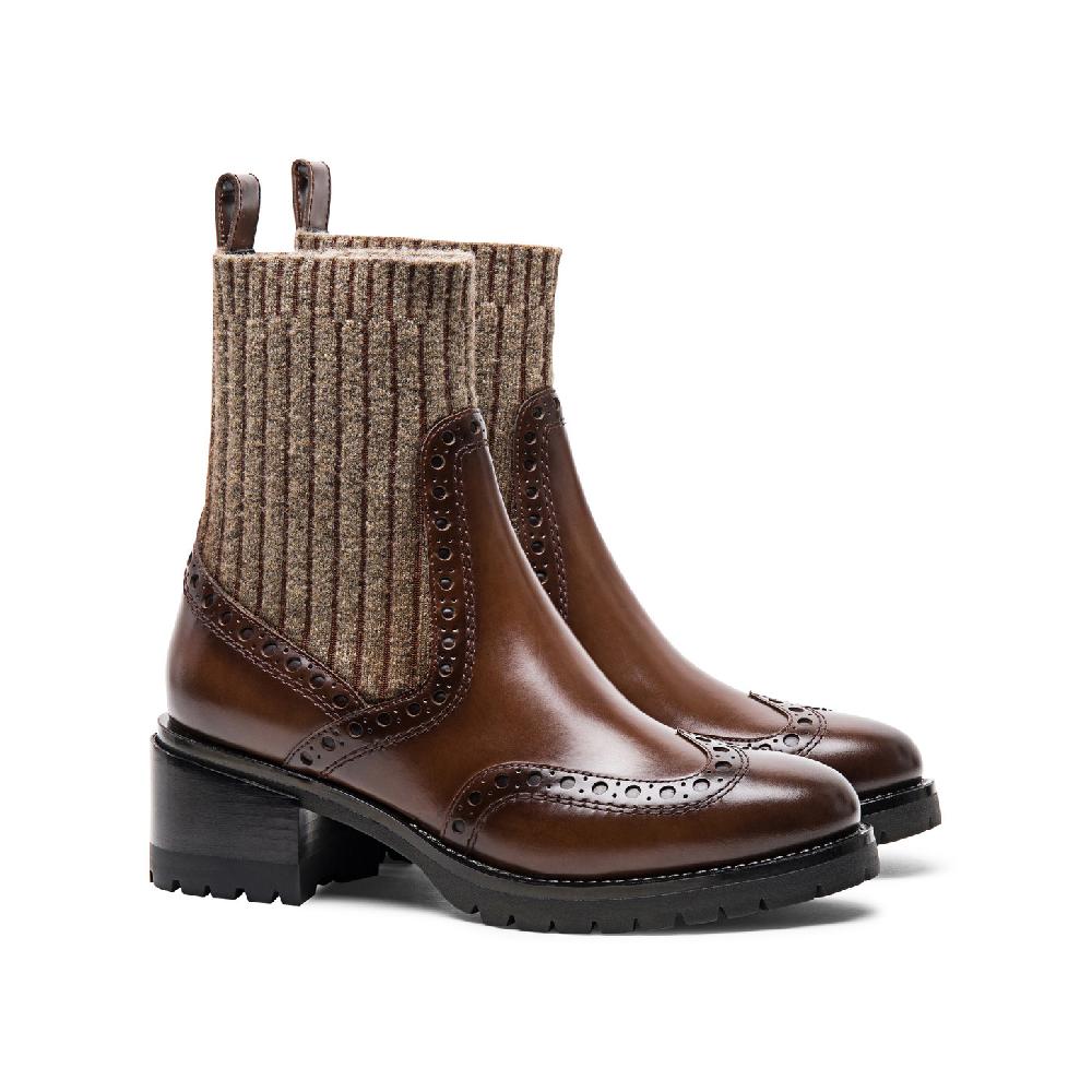 Santoni Stivaletto tacco basso brogue con calzino da donna in pelle marrone In Vendita
