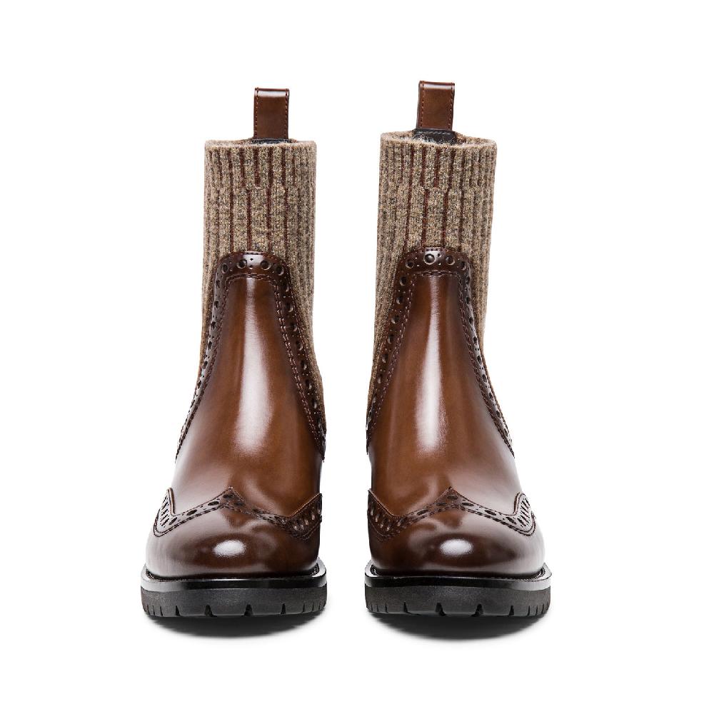 Santoni Stivaletto tacco basso brogue con calzino da donna in pelle marrone In Vendita