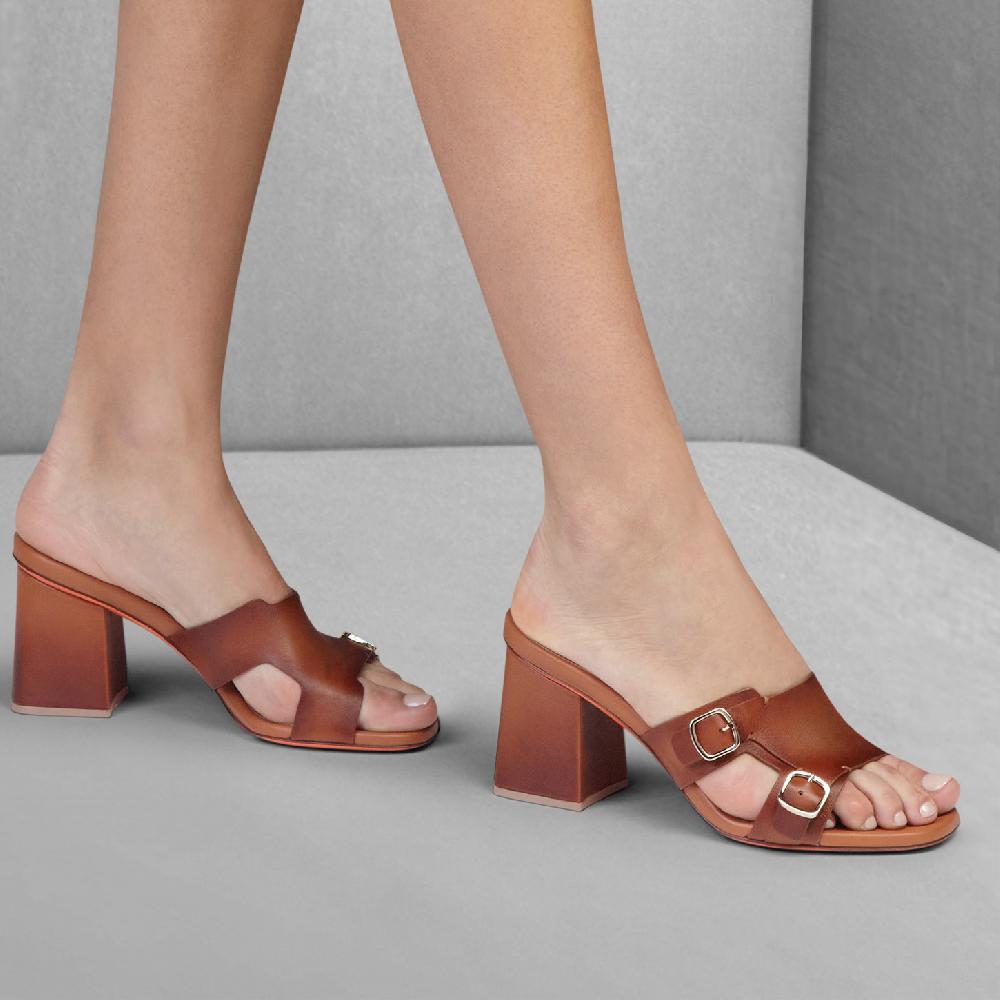 Santoni Sandalo doppia fibbia tacco medio da donna in pelle marrone Saldi Di Fabbrica