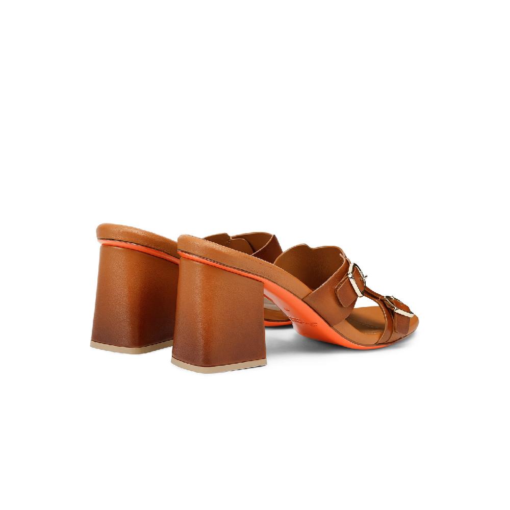 Santoni Sandalo doppia fibbia tacco medio da donna in pelle marrone Saldi Di Fabbrica