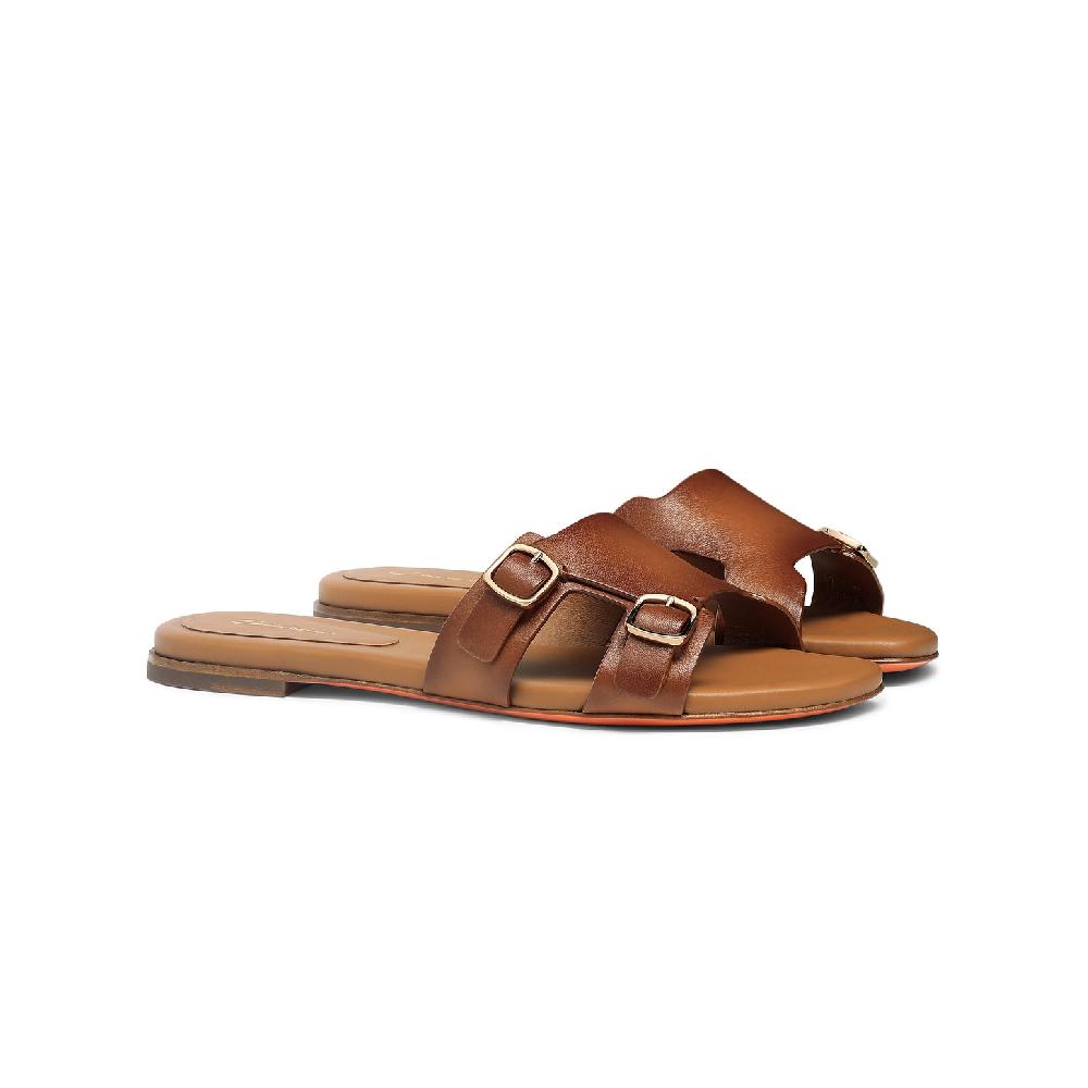 Santoni Sandalo slide Didi con doppia fibbia da donna in pelle marrone Negozio