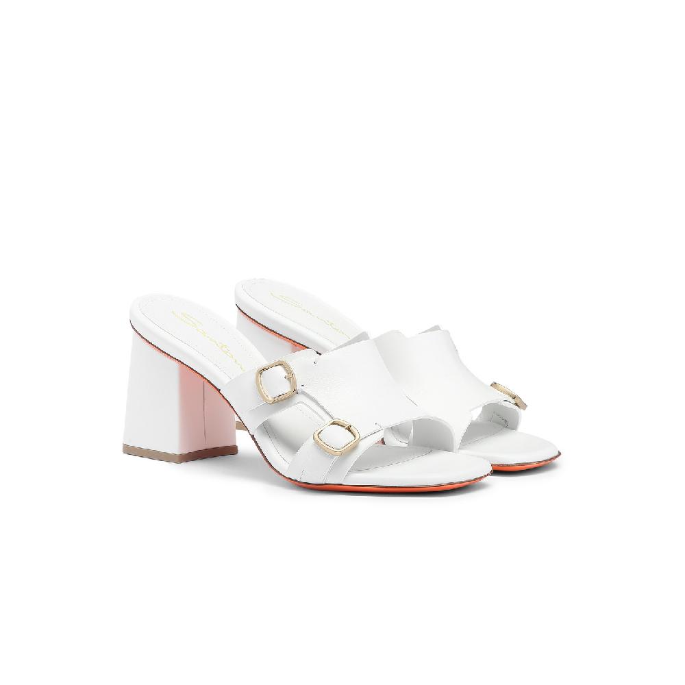 Santoni Sandalo doppia fibbia tacco medio da donna in pelle bianca Consegna Veloce