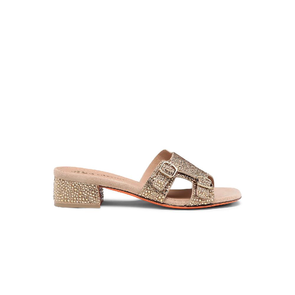 Santoni Sandalo Didi tacco basso da donna in suede e strass oro Sconto