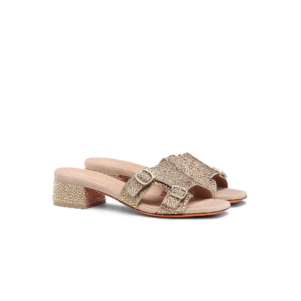 Santoni Sandalo Didi tacco basso da donna in suede e strass oro Sconto
