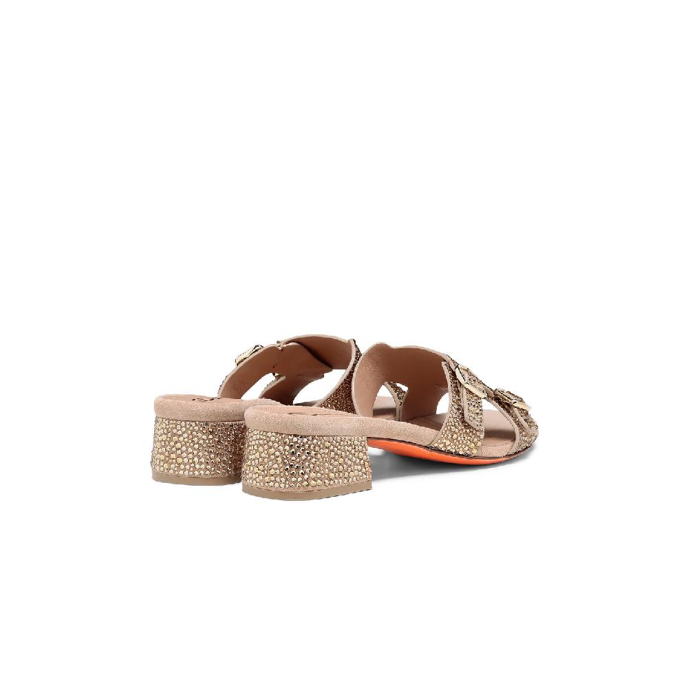 Santoni Sandalo Didi tacco basso da donna in suede e strass oro Sconto