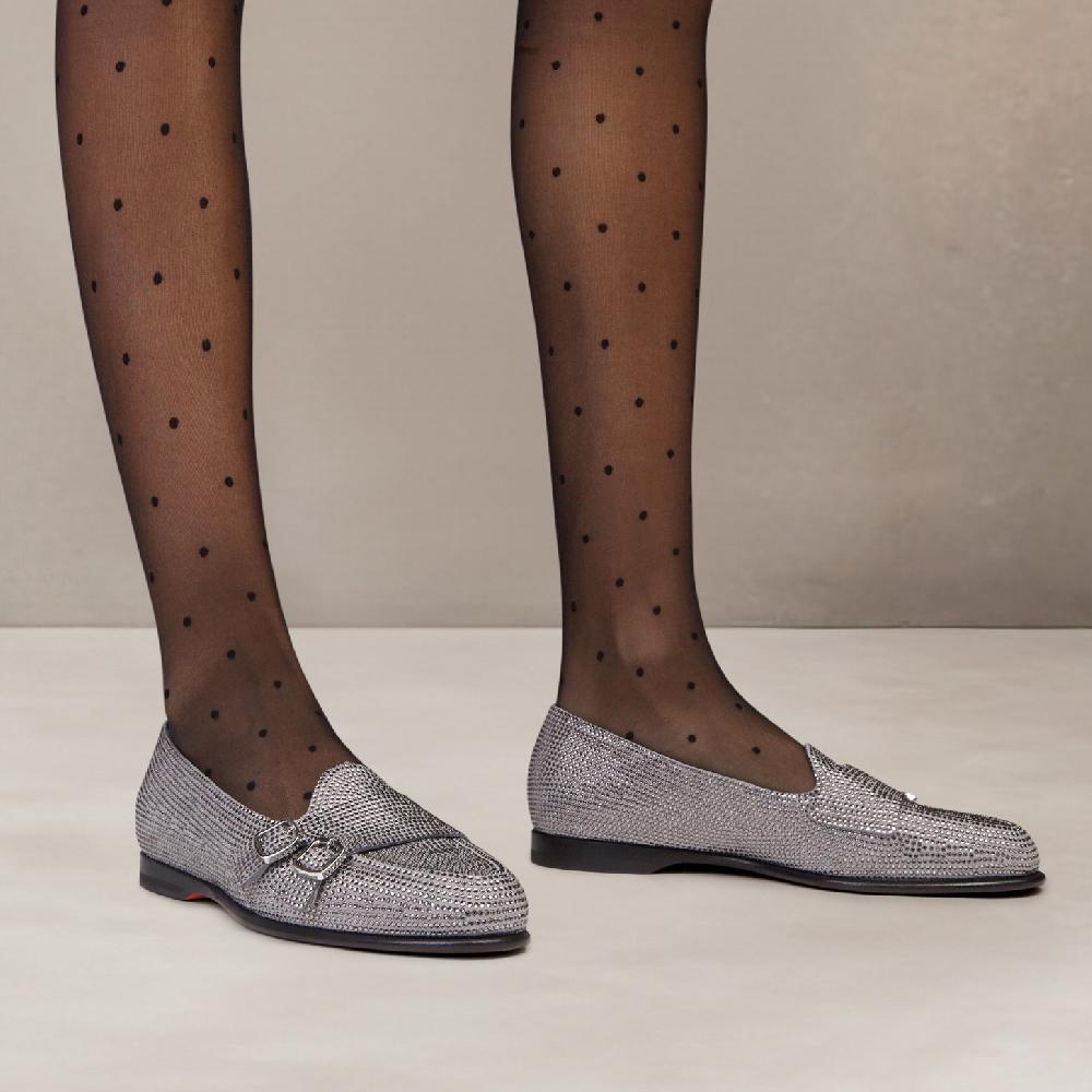 Santoni Mocassino Andrea doppia fibbia da donna in strass argento Saldi Di Fabbrica