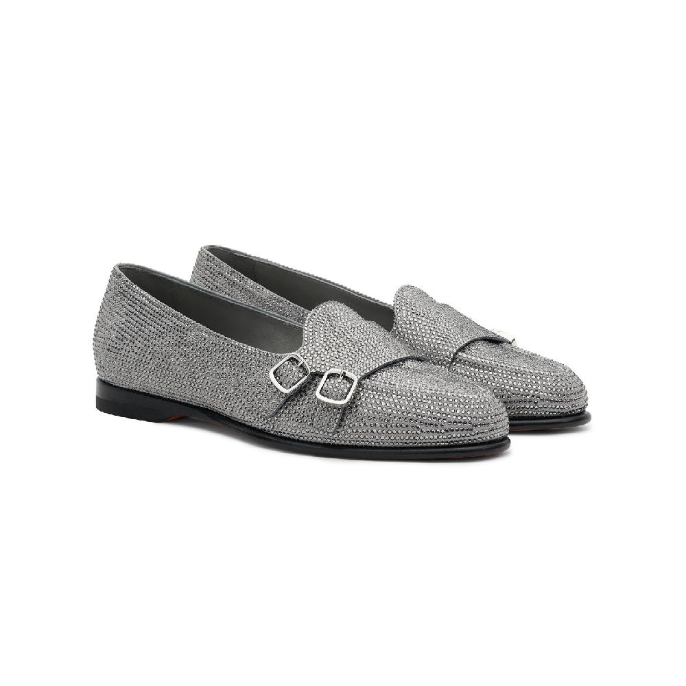 Santoni Mocassino Andrea doppia fibbia da donna in strass argento Saldi Di Fabbrica