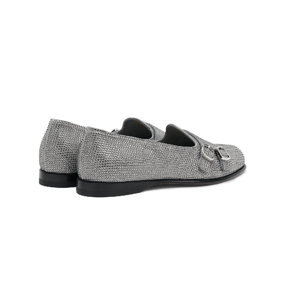 Santoni Mocassino Andrea doppia fibbia da donna in strass argento Saldi Di Fabbrica