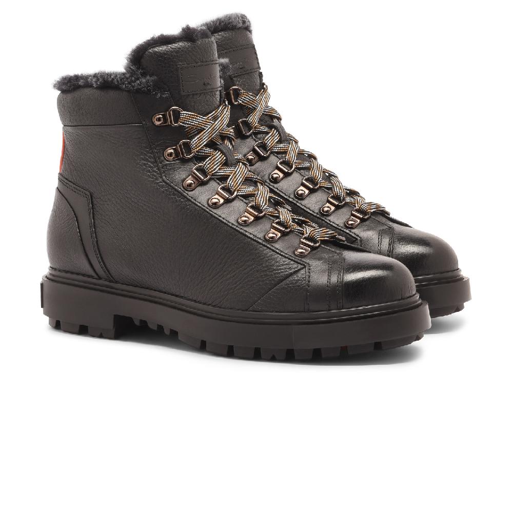 Santoni Scarponcino da montagna da uomo in pelle bottalata nera con pelliccia Acquista Ora
