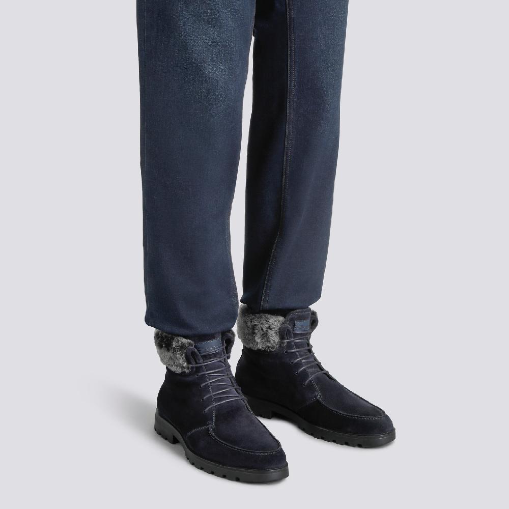 Santoni Stivaletto stringato con pelliccia da uomo in suede blu Promozione Limitata