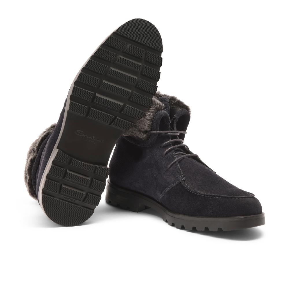 Santoni Stivaletto stringato con pelliccia da uomo in suede blu Promozione Limitata