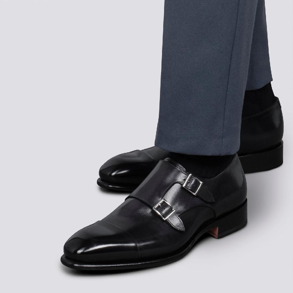 Santoni Doppia fibbia da uomo in pelle anticata blu Prezzo Ridotto