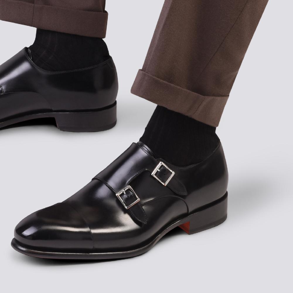 Santoni Doppia fibbia da uomo in pelle anticata nera Sottocosto