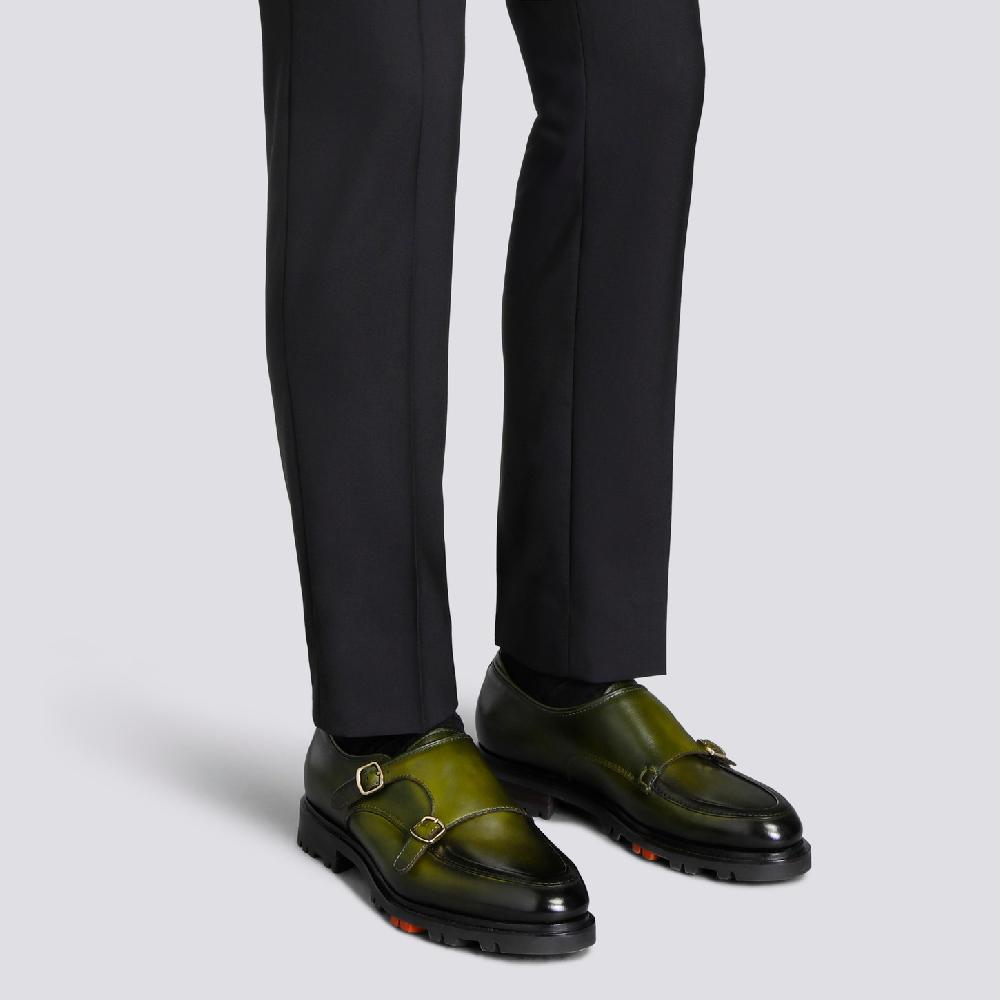 Santoni Doppia fibbia da uomo in pelle verde Novità