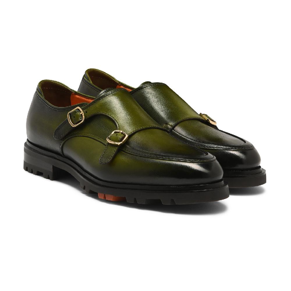 Santoni Doppia fibbia da uomo in pelle verde Novità