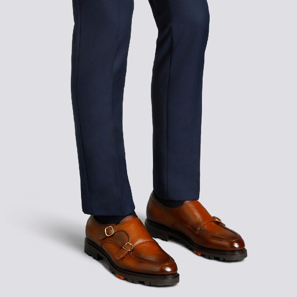 Santoni Doppia fibbia da uomo in pelle marrone Presa