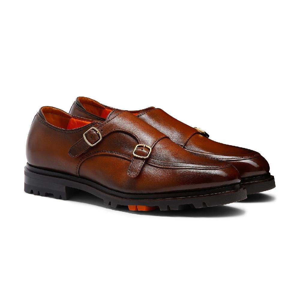 Santoni Doppia fibbia da uomo in pelle marrone Presa