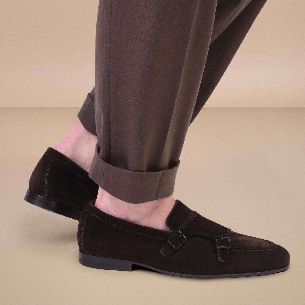 Santoni Mocassino doppia fibbia da uomo in suede testa di moro In Linea