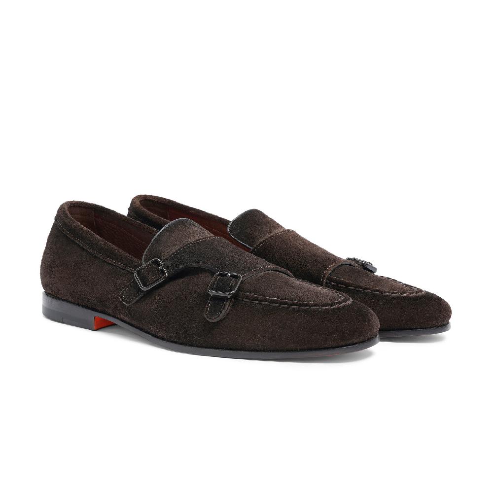 Santoni Mocassino doppia fibbia da uomo in suede testa di moro In Linea