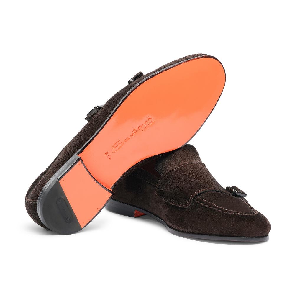 Santoni Mocassino doppia fibbia da uomo in suede testa di moro In Linea