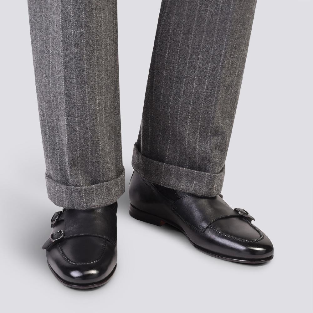 Santoni Mocassino con doppia fibbia da uomo in pelle anticata nera Nuovo