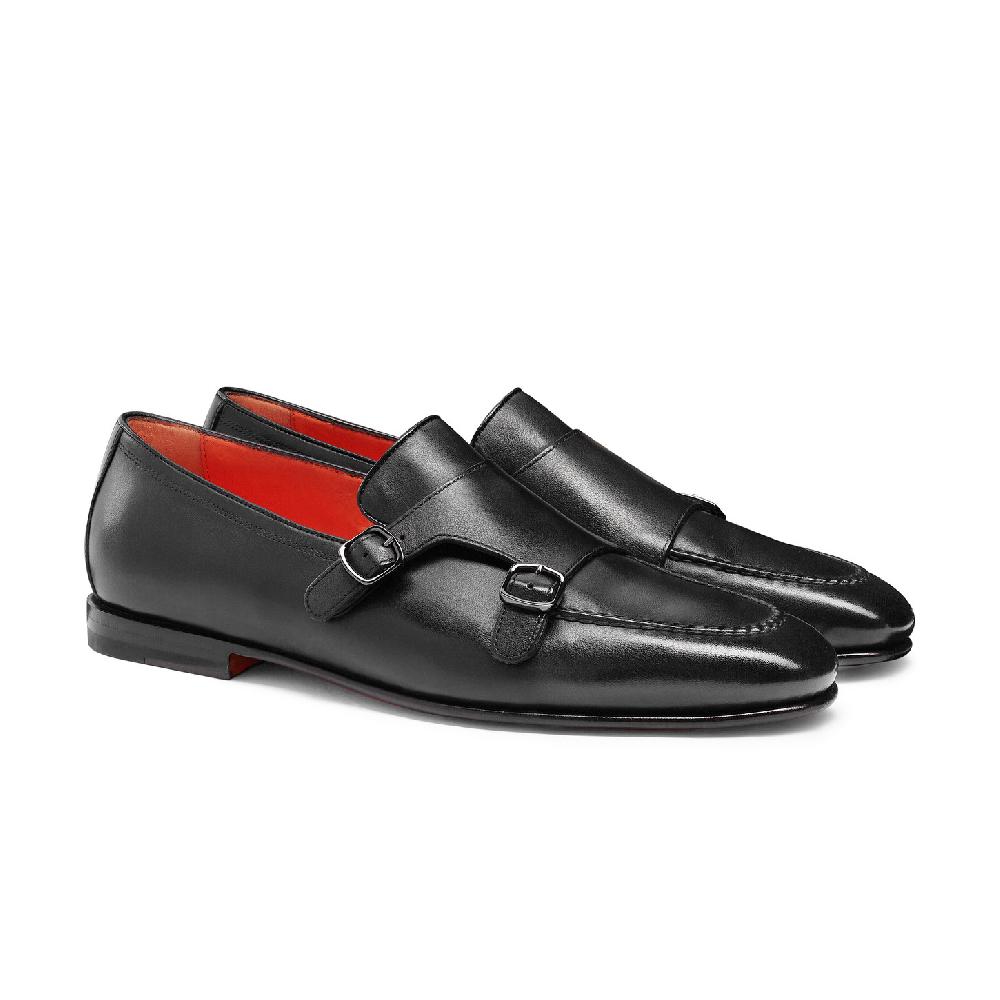 Santoni Mocassino con doppia fibbia da uomo in pelle anticata nera Nuovo