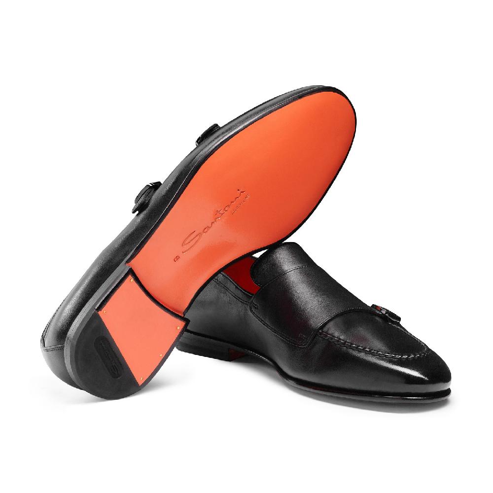 Santoni Mocassino con doppia fibbia da uomo in pelle anticata nera Nuovo