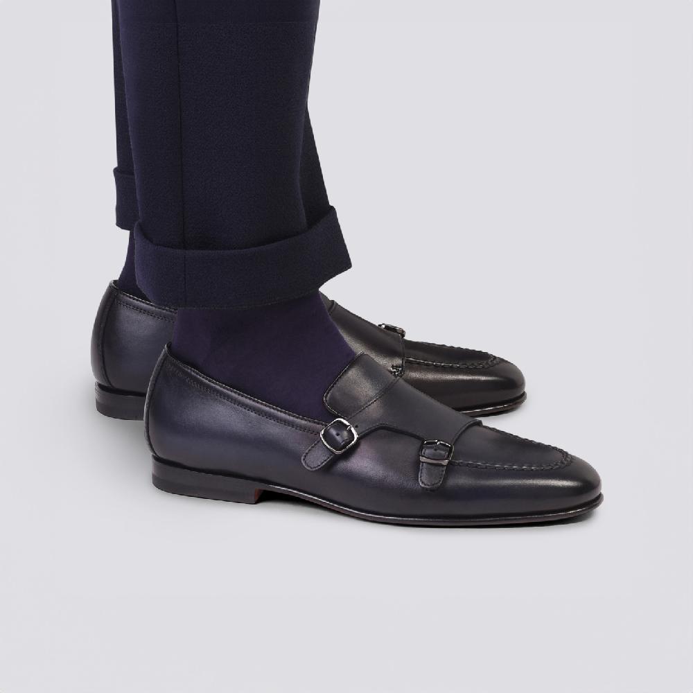 Santoni Mocassino con doppia fibbia da uomo in pelle anticata blu Qualità