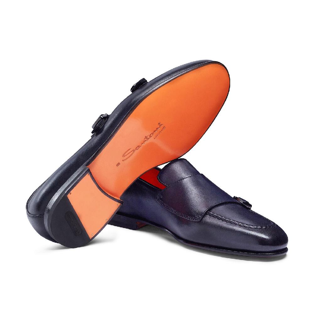 Santoni Mocassino con doppia fibbia da uomo in pelle anticata blu Qualità