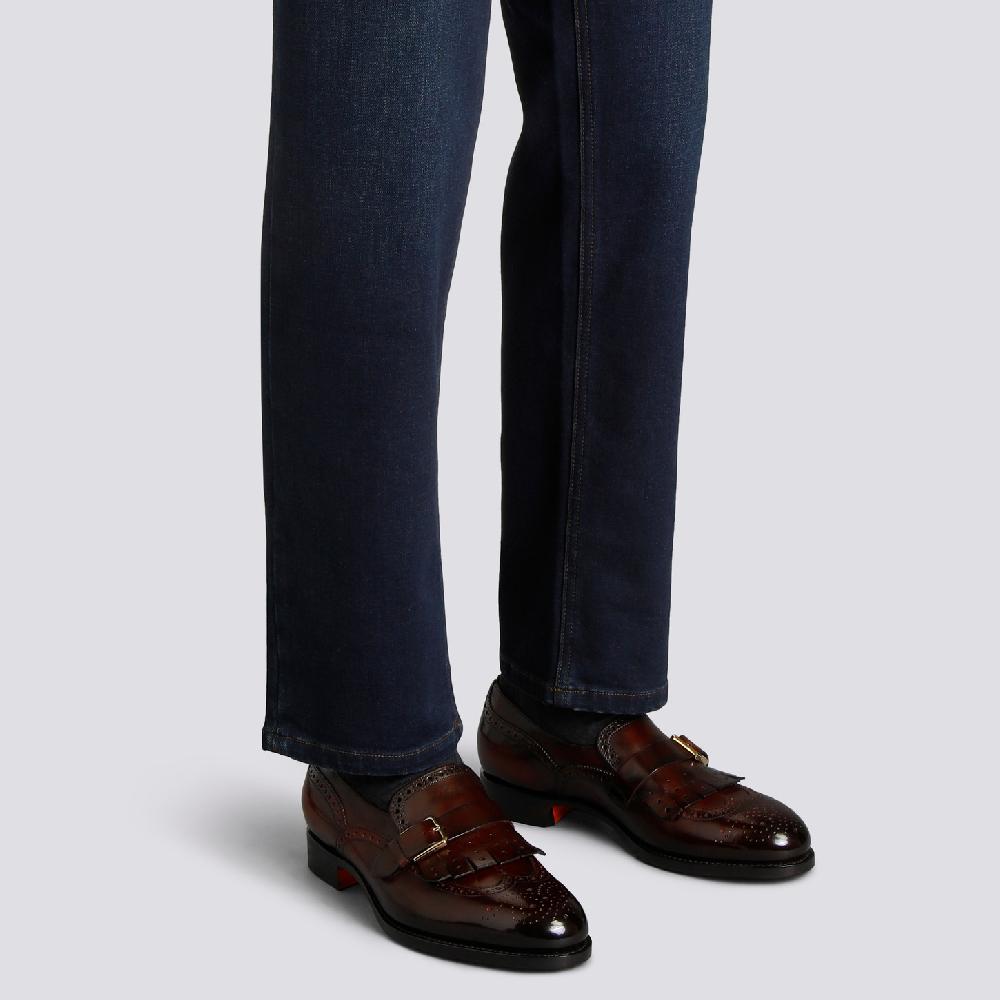 Santoni Mocassino mono-fibbia con frangia da uomo in pelle bordeaux Shopping Online