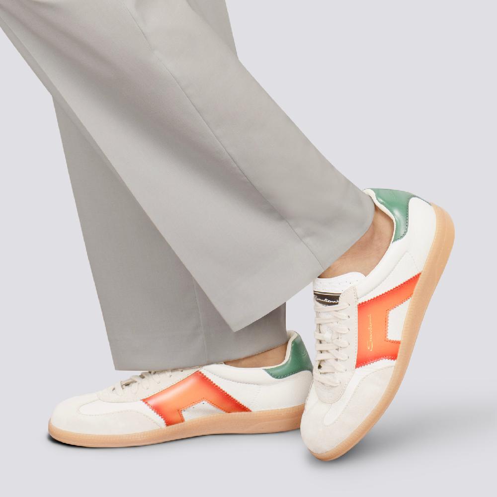 Santoni DBS Oly sneaker da uomo in pelle e suede bianco verde e arancione Presa