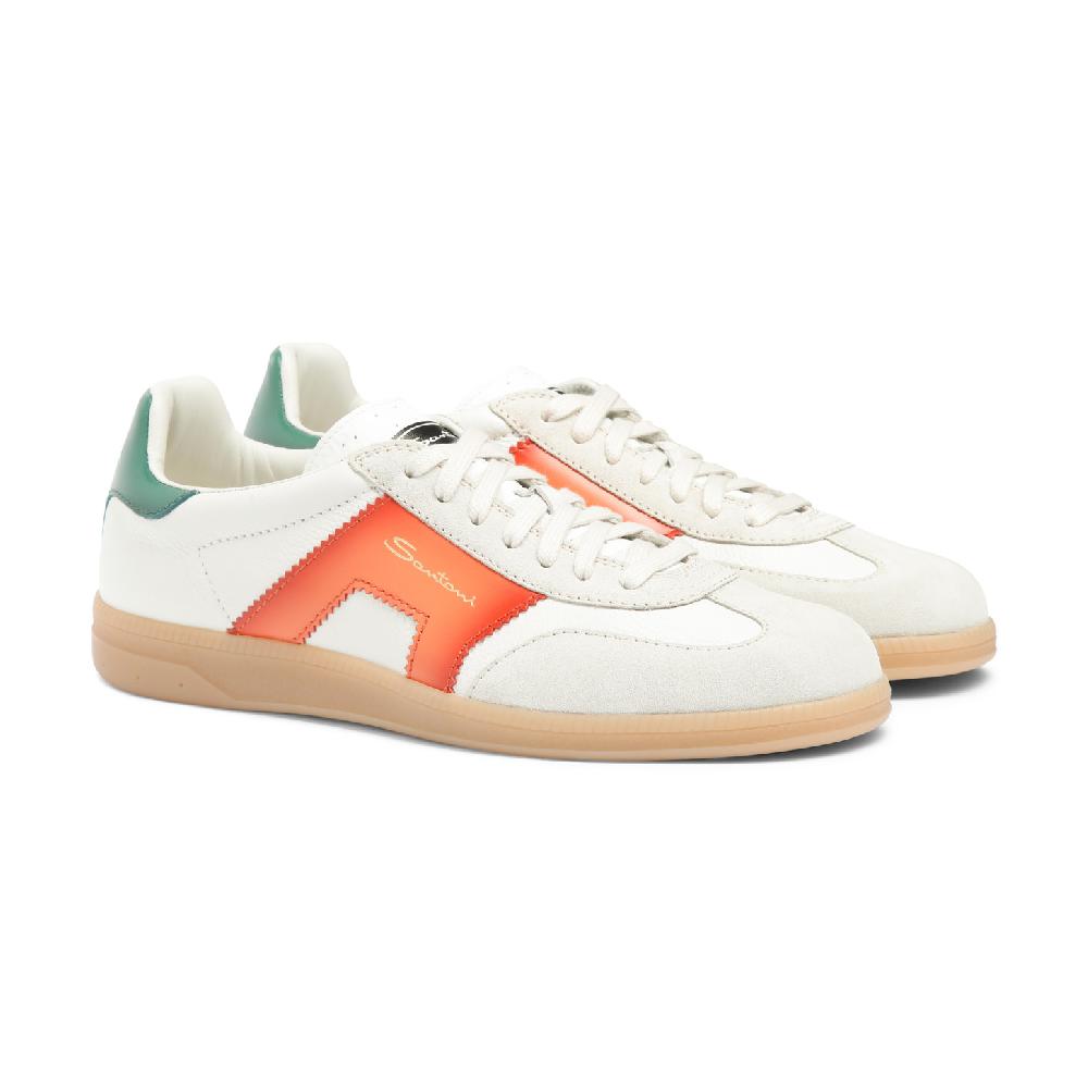 Santoni DBS Oly sneaker da uomo in pelle e suede bianco verde e arancione Presa