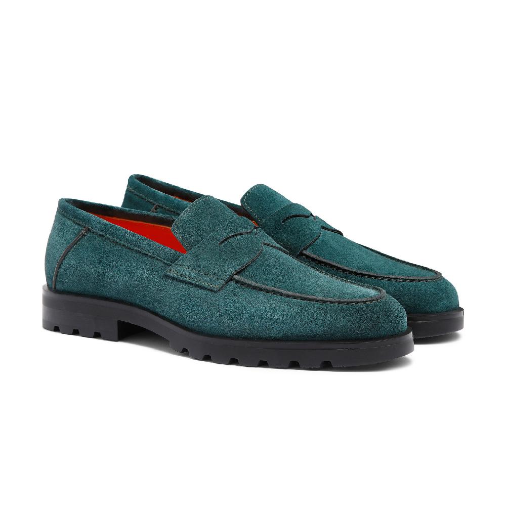 Santoni Mocassino penny da uomo in suede verde scuro Sconto