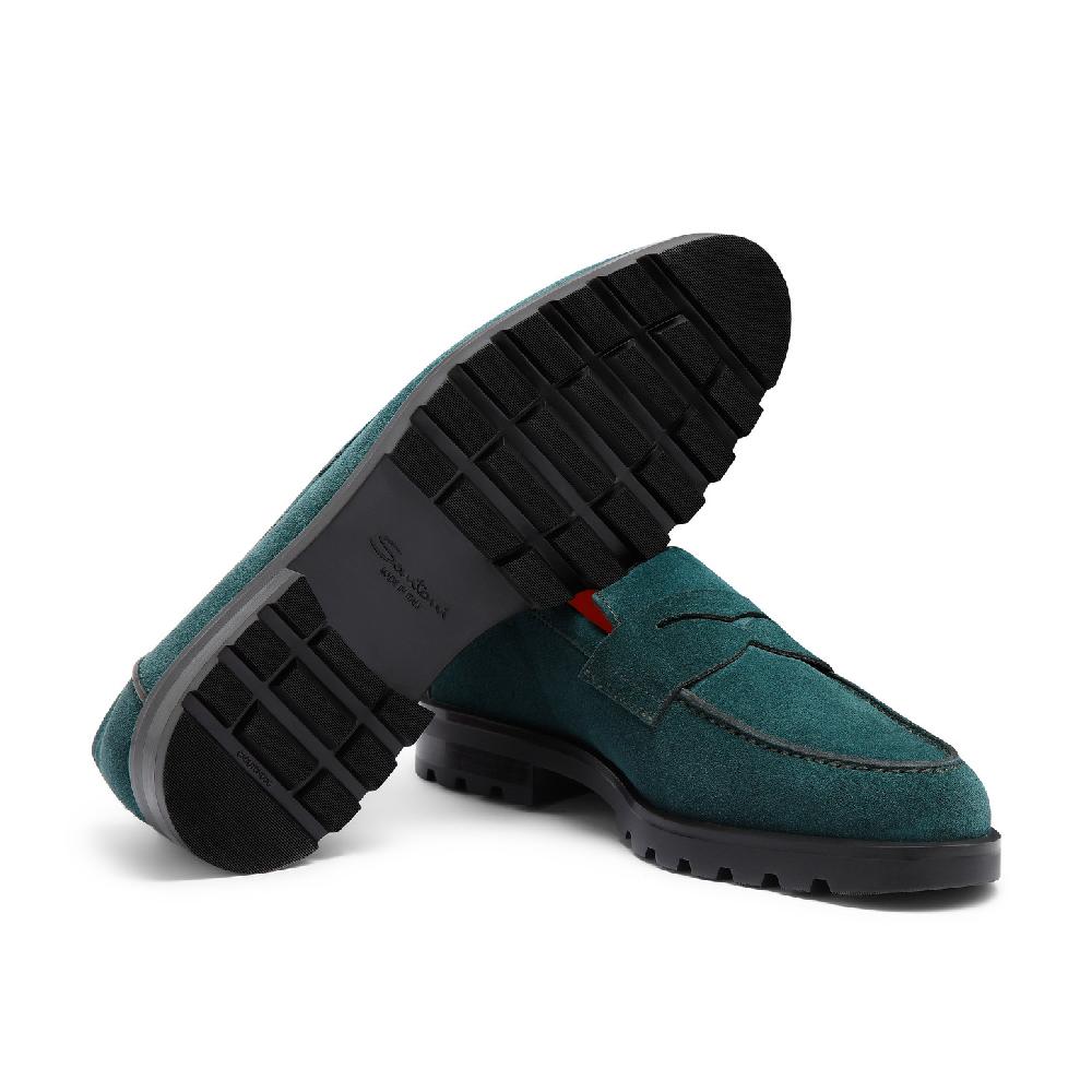 Santoni Mocassino penny da uomo in suede verde scuro Sconto